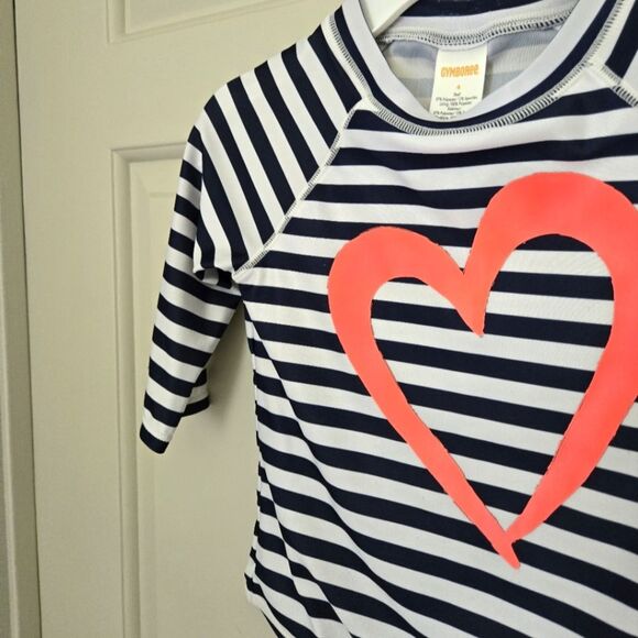 2/$15 Gymboree Navy and White Striped Rashguard with Pink Heart Size 4 - Picture 3 of 4